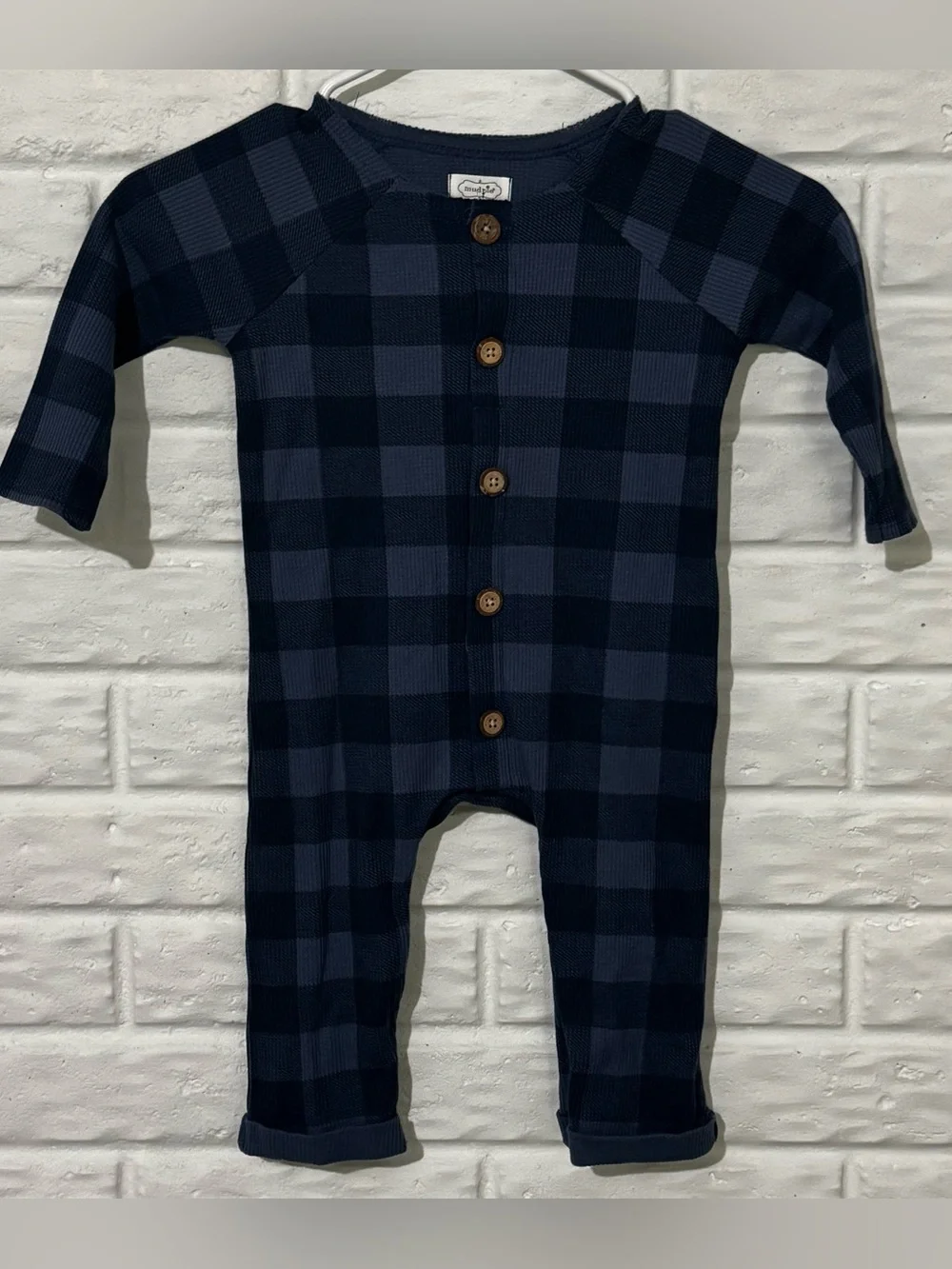 Mud Pie Waffle Knit Romper Boys Infant 12-18M Blue Plaid One Piece